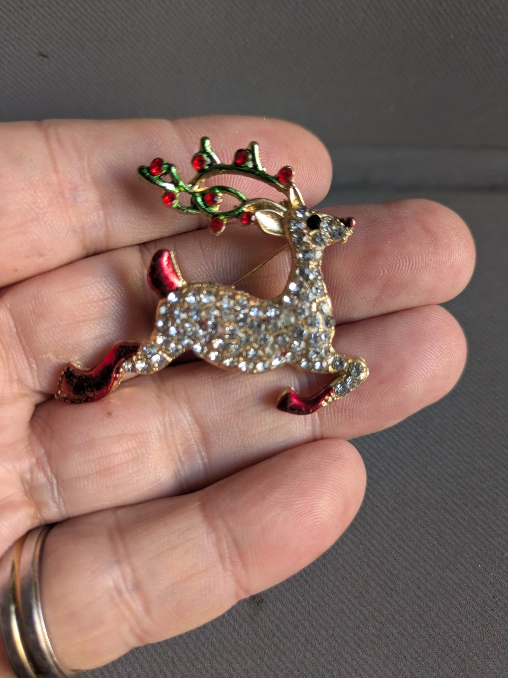 Crystal Reindeer Brooch - Red & Green Holiday Pin